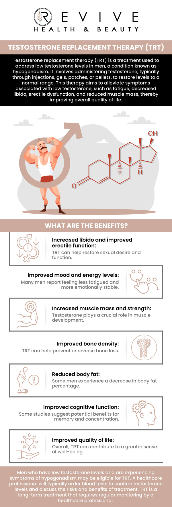 Testosterone Replacement Therapy (TRT) is a treatment used to address low testosterone levels. It can help improve energy, mood, muscle mass, and libido. At Revive Health and Beauty, our team specializes in creating personalized TRT plans to help you feel your best. We focus on safe and effective solutions to restore hormonal balance and enhance your overall well-being. For more information, contact us or book an appointment online. We are conveniently located at 11500 State Highway 121, Suite 320, Frisco, TX 75035. Testosterone Replacement Therapy (TRT) is a treatment used to address low testosterone levels. It can help improve energy, mood, muscle mass, and libido. At Revive Health and Beauty, our team specializes in creating personalized TRT plans to help you feel your best. We focus on safe and effective solutions to restore hormonal balance and enhance your overall well-being. For more information, contact us or book an appointment online. We are conveniently located at 11500 State Highway 121, Suite 320, Frisco, TX 75035.