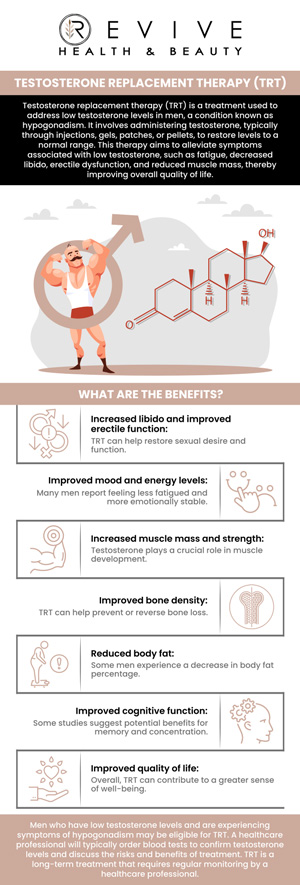 Testosterone Replacement Therapy (TRT) is a treatment used to address low testosterone levels. It can help improve energy, mood, muscle mass, and libido. At Revive Health and Beauty, our team specializes in creating personalized TRT plans to help you feel your best. We focus on safe and effective solutions to restore hormonal balance and enhance your overall well-being. For more information, contact us or book an appointment online. We are conveniently located at 11500 State Highway 121, Suite 320, Frisco, TX 75035. Testosterone Replacement Therapy (TRT) is a treatment used to address low testosterone levels. It can help improve energy, mood, muscle mass, and libido. At Revive Health and Beauty, our team specializes in creating personalized TRT plans to help you feel your best. We focus on safe and effective solutions to restore hormonal balance and enhance your overall well-being. For more information, contact us or book an appointment online. We are conveniently located at 11500 State Highway 121, Suite 320, Frisco, TX 75035.