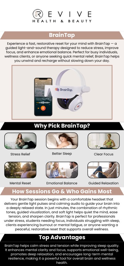 At Revive Health and Beauty, our team offers BrainTap therapy, a cutting-edge approach to relaxation and mental clarity. This guided meditation and brainwave training system helps reduce stress, improve focus, and promote mental wellness. Our team is dedicated to helping you achieve balance and relaxation in a peaceful setting. For more information, contact us or schedule an appointment online. We are conveniently located at 11500 State Hwy 121, Suite 320, Frisco, TX 75035. At Revive Health and Beauty, our team offers BrainTap therapy, a cutting-edge approach to relaxation and mental clarity. This guided meditation and brainwave training system helps reduce stress, improve focus, and promote mental wellness. Our team is dedicated to helping you achieve balance and relaxation in a peaceful setting. For more information, contact us or schedule an appointment online. We are conveniently located at 11500 State Hwy 121, Suite 320, Frisco, TX 75035.