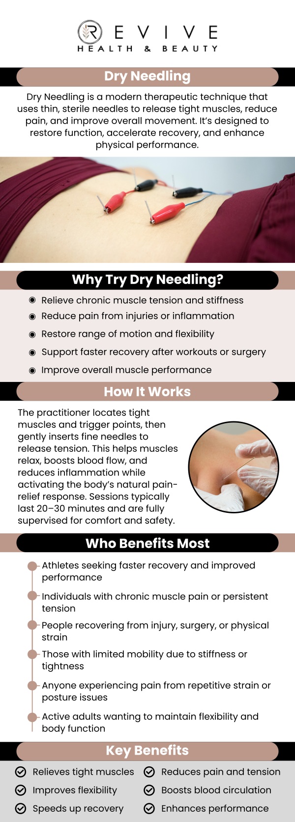 At Revive Health & Beauty, we specialize in dry needling therapy to help relieve muscle tension, improve flexibility, and promote healing. Our experienced team offers personalized dry needling treatments that target muscle pain and stiffness, providing effective relief. Whether you're dealing with chronic pain or recovering from injury, our dry needling services are designed to enhance your overall well-being. Contact us today or book an appointment online. We are conveniently located at 11500 State Highway 121, Suite 320, Frisco, TX 75035. At Revive Health & Beauty, we specialize in dry needling therapy to help relieve muscle tension, improve flexibility, and promote healing. Our experienced team offers personalized dry needling treatments that target muscle pain and stiffness, providing effective relief. Whether you're dealing with chronic pain or recovering from injury, our dry needling services are designed to enhance your overall well-being. Contact us today or book an appointment online. We are conveniently located at 11500 State Highway 121, Suite 320, Frisco, TX 75035.